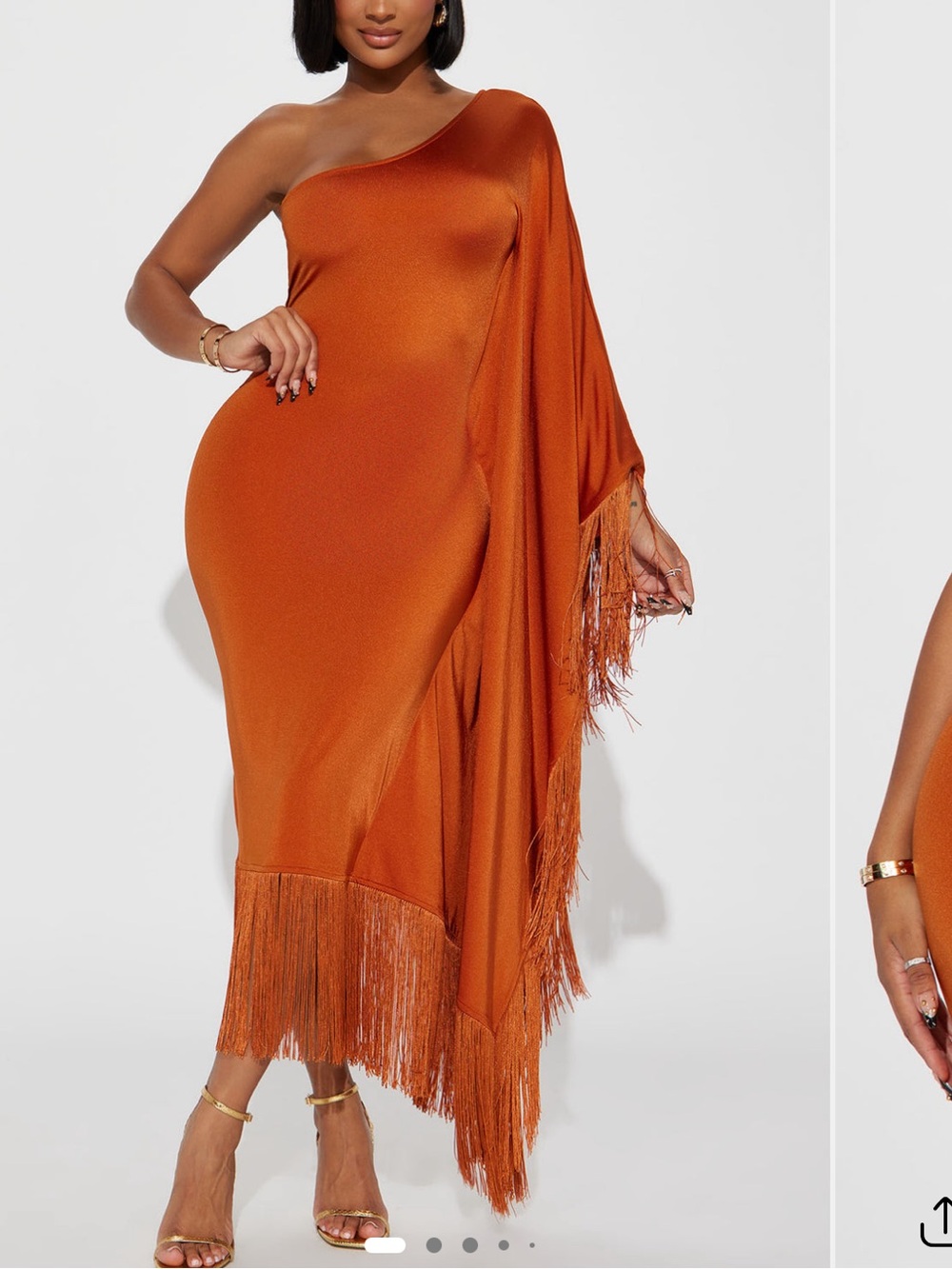 Fashion Nova One-Shoulder Fringe Midi Dress in Rust Orange